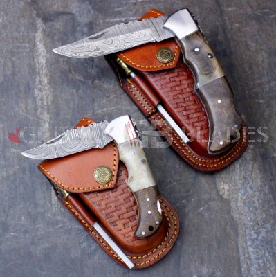 SET of TWO DAMASCUS STEEL CUSTOM HANDMADE FOLDING/POCKET Knives 8.5" & 6.5"