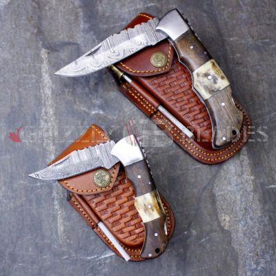 SET of TWO DAMASCUS STEEL CUSTOM HANDMADE FOLDING/POCKET Knives 8.5" & 6.5"