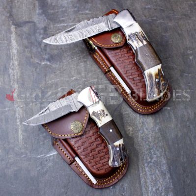 SET of TWO DAMASCUS STEEL CUSTOM HANDMADE FOLDING/POCKET Knives 8.5" & 6.5"