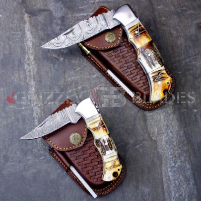 SET of TWO DAMASCUS STEEL CUSTOM HANDMADE FOLDING/POCKET Knives 8.5" & 6.5"