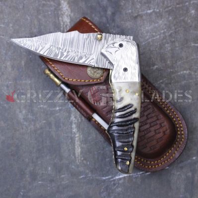 DAMASCUS STEEL CUSTOM HANDMADE FOLDING/POCKET Ram Knife 8"