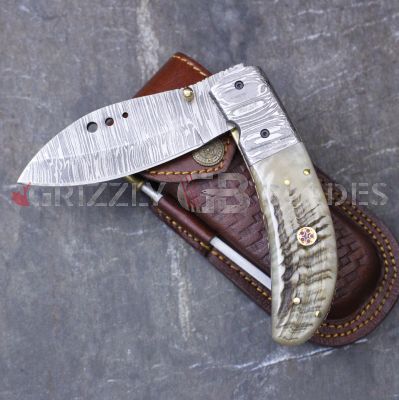 DAMASCUS STEEL CUSTOM HANDMADE FOLDING/POCKET Ram Knife 8.5"