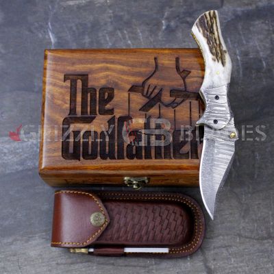 DAMASCUS STEEL CUSTOM HANDMADE FOLDING/POCKET STAG Knife 8"