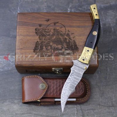 DAMASCUS STEEL CUSTOM HANDMADE FOLDING/POCKET Knife 9"- Grizzly