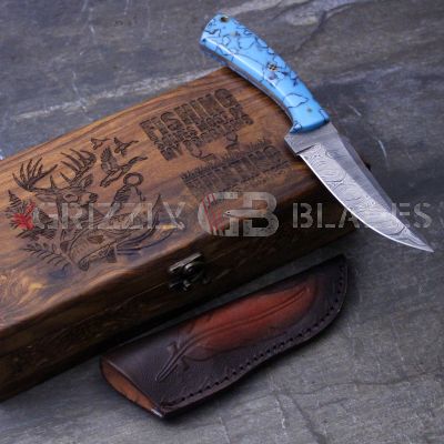 Damascus Steel Custom Handmade Hunting Skinning Knife 9" Blue Fishing Hunting