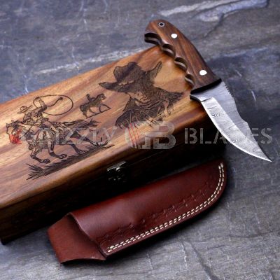 Damascus Steel Custom Handmade Hunting Skinning Knife 9" Cowboy 