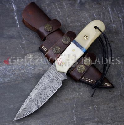 Damascus Steel Custom Handmade Hunting Skinning Knife 9"