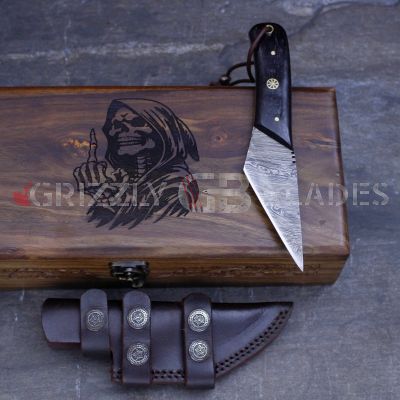  Damascus Steel Custom Handmade Hunting Skinning Knife 8" Skull