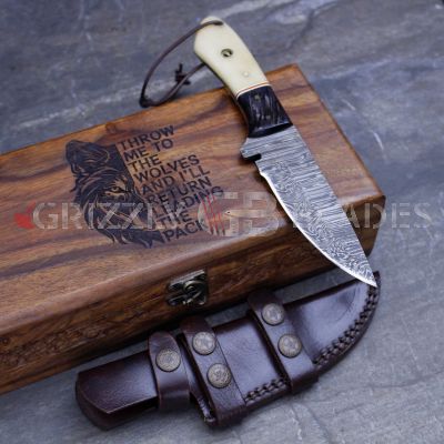 Damascus Steel Custom Handmade Hunting Skinning Knife 9.5"