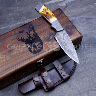 Damascus Steel Custom Handmade Hunting Skinning Knife 9.5" Bone