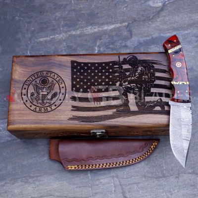 Damascus Steel Custom Handmade Hunting Skinning Knife 8.5" RED USA