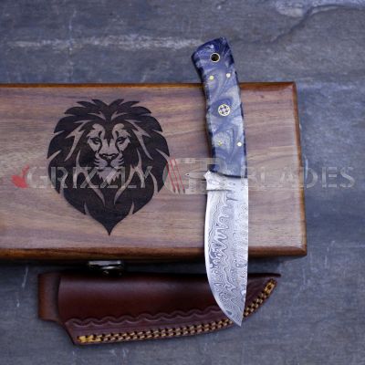 Damascus Steel Custom Handmade Hunting Skinning Knife 8" BLUE LION