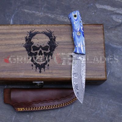 Damascus Steel Custom Handmade Hunting Skinning Knife 8" BLUE WHITE SKULL