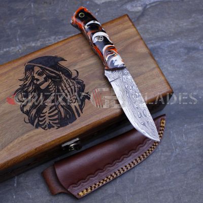 Damascus Steel Custom Handmade Hunting Skinning Knife 8" RED Skeleton