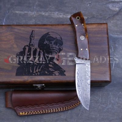 Damascus Steel Custom Handmade Hunting Skinning Knife 8" BROWN SKULL