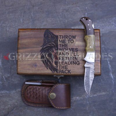 DAMASCUS STEEL CUSTOM HANDMADE FOLDING/POCKET RAM Knife 6.5" WOLF