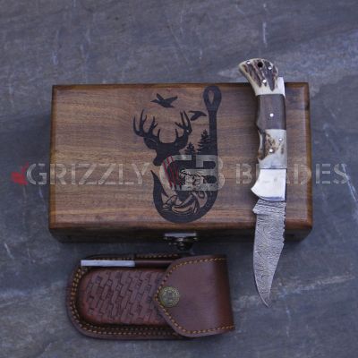 DAMASCUS STEEL CUSTOM HANDMADE FOLDING/POCKET STAG Knife 6.5" Fish Hook