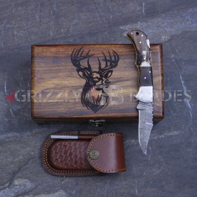 DAMASCUS STEEL CUSTOM HANDMADE FOLDING/POCKET STAG Knife 6.5" DEER