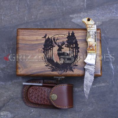 DAMASCUS STEEL CUSTOM HANDMADE FOLDING/POCKET STAG Knife 6.5" Deer