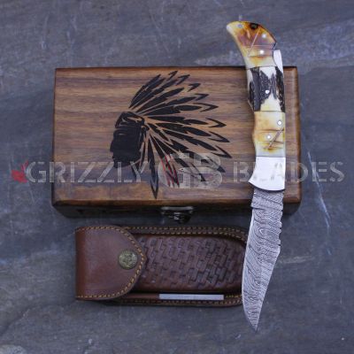 DAMASCUS STEEL CUSTOM HANDMADE FOLDING/POCKET STAG Knife 8.5" Apache