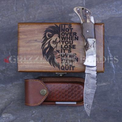 DAMASCUS STEEL CUSTOM HANDMADE FOLDING/POCKET STAG Knife 8.5" LION