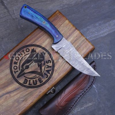 Damascus Steel Custom Handmade Hunting Skinning Knife 9" Blue J