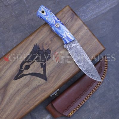 Damascus Steel Custom Handmade Hunting Skinning Knife 8" Blue J