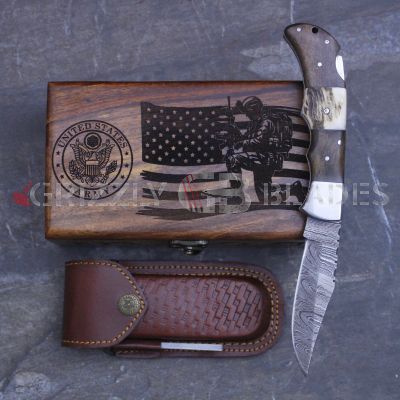 DAMASCUS STEEL CUSTOM HANDMADE FOLDING/POCKET STAG Knife 8.5" US ARMY