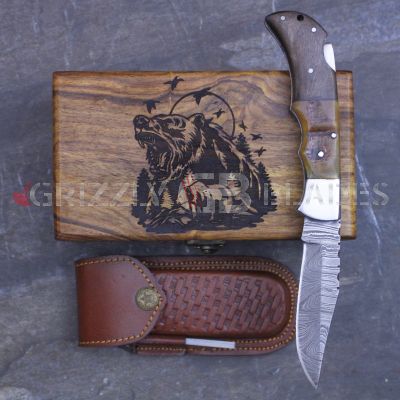 DAMASCUS STEEL CUSTOM HANDMADE FOLDING/POCKET Knife 8.5" Bear