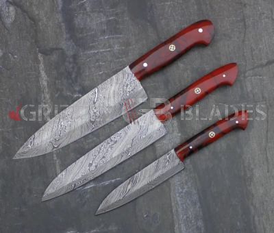 SET OF THREE DAMASCUS STEEL CUSTOM HANDMADE KITCHEN CHEF KNIVES 10",13",13.5"