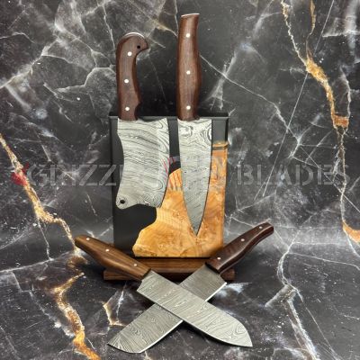 Set of FOUR Damascus Steel Custom Handmade Kitchen Chef Knives with Magnetic Knife Block