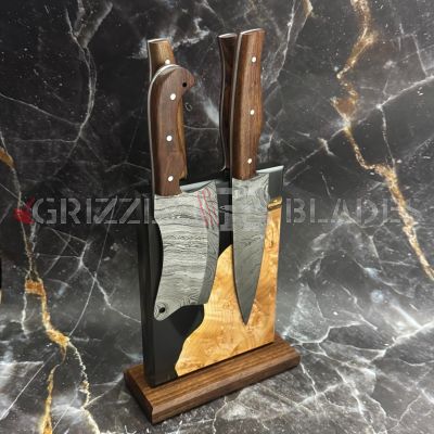 Set of FOUR Damascus Steel Custom Handmade Kitchen Chef Knives with Magnetic Knife Block