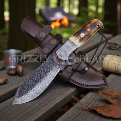 HAMMERED  Damascus Steel Custom Handmade Hunting Skinning Knife 10.5"