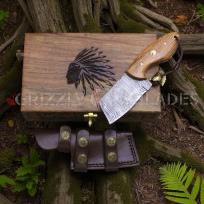DAMASCUS STEEL CUSTOM HANDMADE SKINNING MINI CLEAVER KNIFE 7" - APACHE