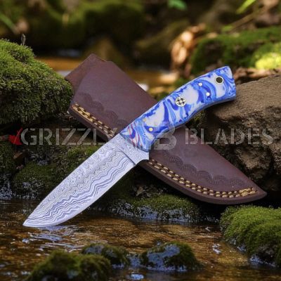 Damascus Steel Custom Handmade Hunting Skinning Knife 8" BLUE WHITE