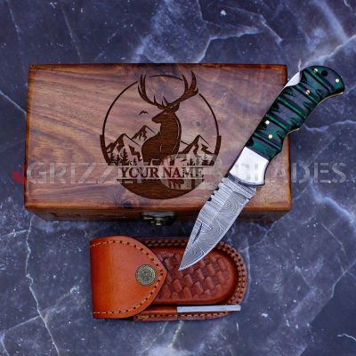 DAMASCUS STEEL CUSTOM HANDMADE FOLDING/POCKET Knife 6.5" Green