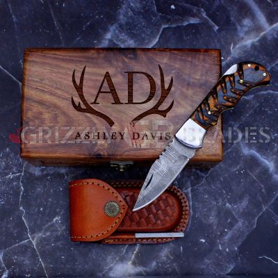 DAMASCUS STEEL CUSTOM HANDMADE FOLDING/POCKET Knife 6.5" Orange 