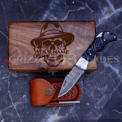 DAMASCUS STEEL CUSTOM HANDMADE FOLDING/POCKET Knife 6.5" Blue