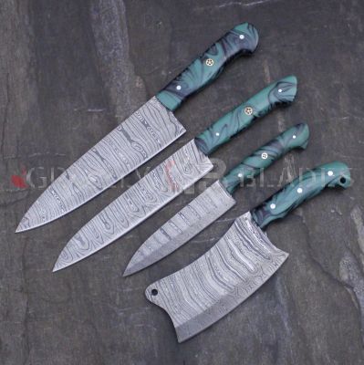 SET OF FOUR DAMASCUS STEEL CUSTOM HANDMADE KITCHEN CHEF KNIVES 10",13",13.5" AND CLEAVER 10"