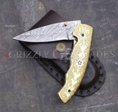 DAMASCUS STEEL CUSTOM HAND ENGRAVED FOLDING/POCKET Knife 8.5" S
