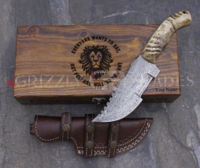 DAMASCUS STEEL CUSTOM HANDMADE HUNTING TRACKER/SKINNING KNIFE 10.5" - LION
