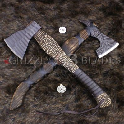 SET OF TWO HAND CARVED AND FORGED CARBON STEEL handmade hunting VIKING TOMAHAWK HATCHET AXE 20-21"