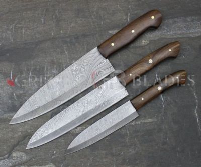 Set of THREE Damascus Steel Custom Handmade Kitchen Chef Knives 10", 13", and 13.5"