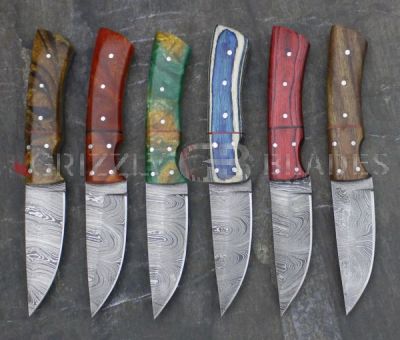 SET OF SIX Damascus Steel Custom handmade hunting Skinning Knives 8.5"