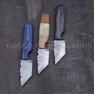 Set of THREE Damascus Steel Custom handmade hunting Skinning TANTO Knives 6" ***ONE OF A KIND***
